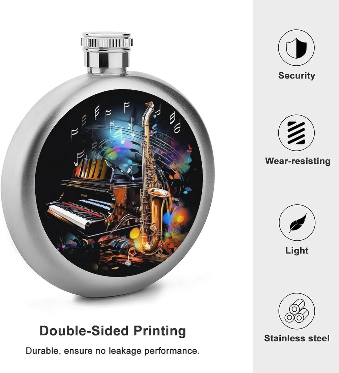 Stainless Steel Flasks for Liquor for Men Women,Saxophone And Piano Print Round Small Hip Liquor Flask,Portable Cute Funny Wine Whiskey Flask for Gift Camping Outdoor Activitie Wedding Party,5oz