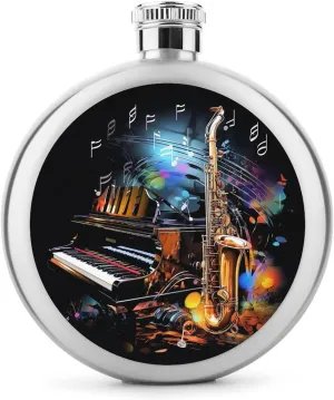 Stainless Steel Flasks for Liquor for Men Women,Saxophone And Piano Print Round Small Hip Liquor Flask,Portable Cute Funny Wine Whiskey Flask for Gift Camping Outdoor Activitie Wedding Party,5oz