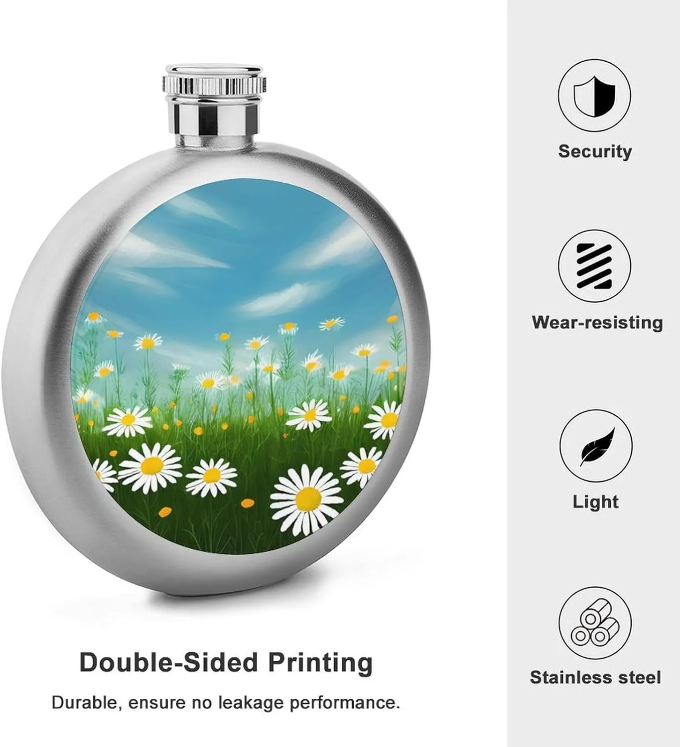 Stainless Steel Flasks for Liquor for Men Women,Spring Daisy Flowers Print Round Small Hip Liquor Flask,Portable Cute Funny Wine Whiskey Flask for Gift Camping Outdoor Activitie Wedding Party,5oz