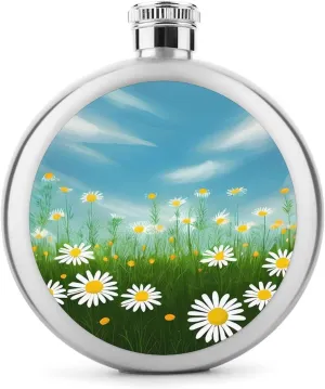 Stainless Steel Flasks for Liquor for Men Women,Spring Daisy Flowers Print Round Small Hip Liquor Flask,Portable Cute Funny Wine Whiskey Flask for Gift Camping Outdoor Activitie Wedding Party,5oz