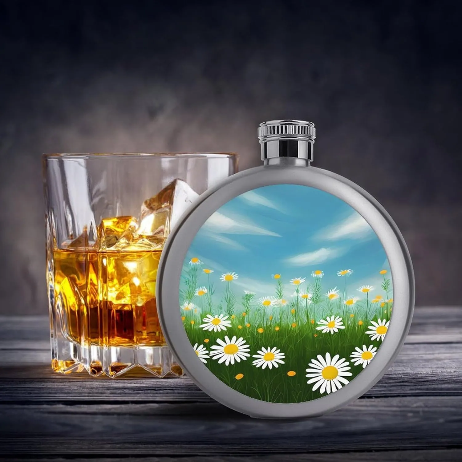 Stainless Steel Flasks for Liquor for Men Women,Spring Daisy Flowers Print Round Small Hip Liquor Flask,Portable Cute Funny Wine Whiskey Flask for Gift Camping Outdoor Activitie Wedding Party,5oz