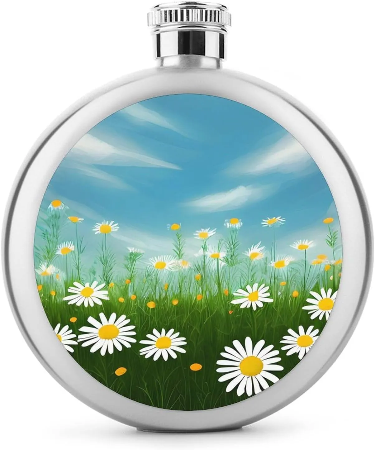 Stainless Steel Flasks for Liquor for Men Women,Spring Daisy Flowers Print Round Small Hip Liquor Flask,Portable Cute Funny Wine Whiskey Flask for Gift Camping Outdoor Activitie Wedding Party,5oz