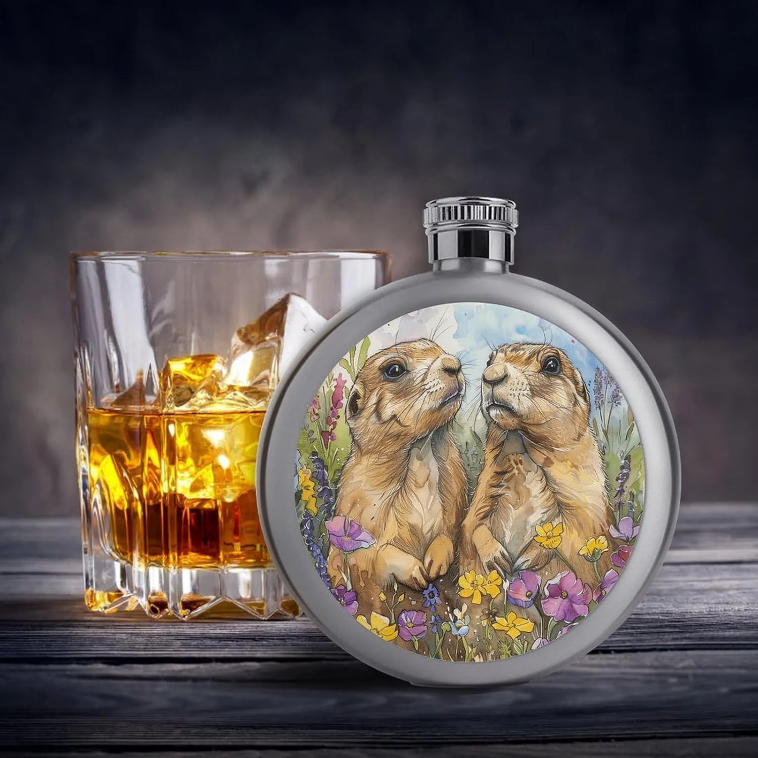 Stainless Steel Flasks for Liquor for Men Women,Two Prairie Dogs Print Round Small Hip Liquor Flask,Portable Cute Funny Wine Whiskey Flask for Gift Camping Outdoor Activitie Wedding Party,5oz