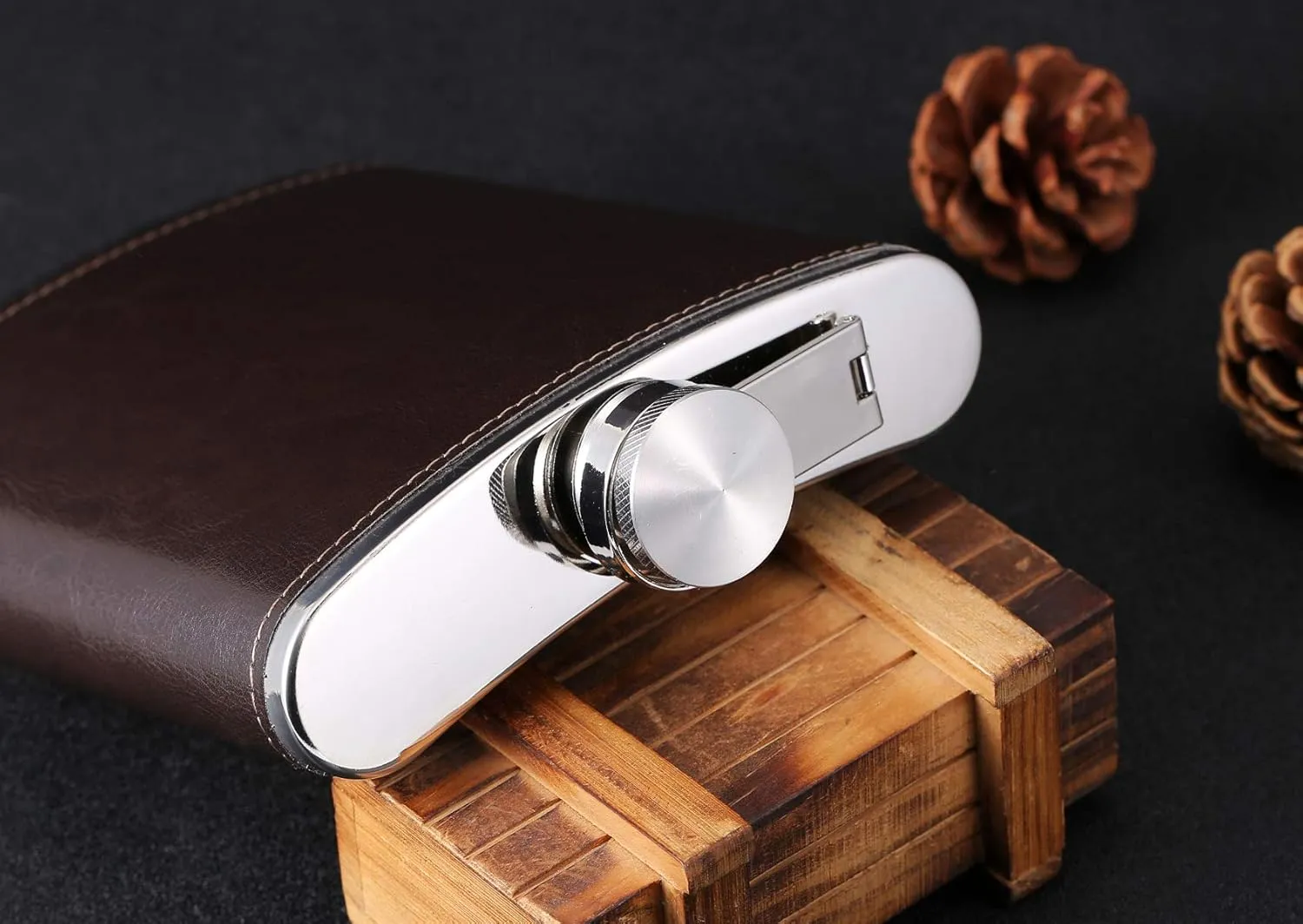 Stainless Steel Hip Flask, 18 oz, Coffee, Large Capacity, Leather Wrapped