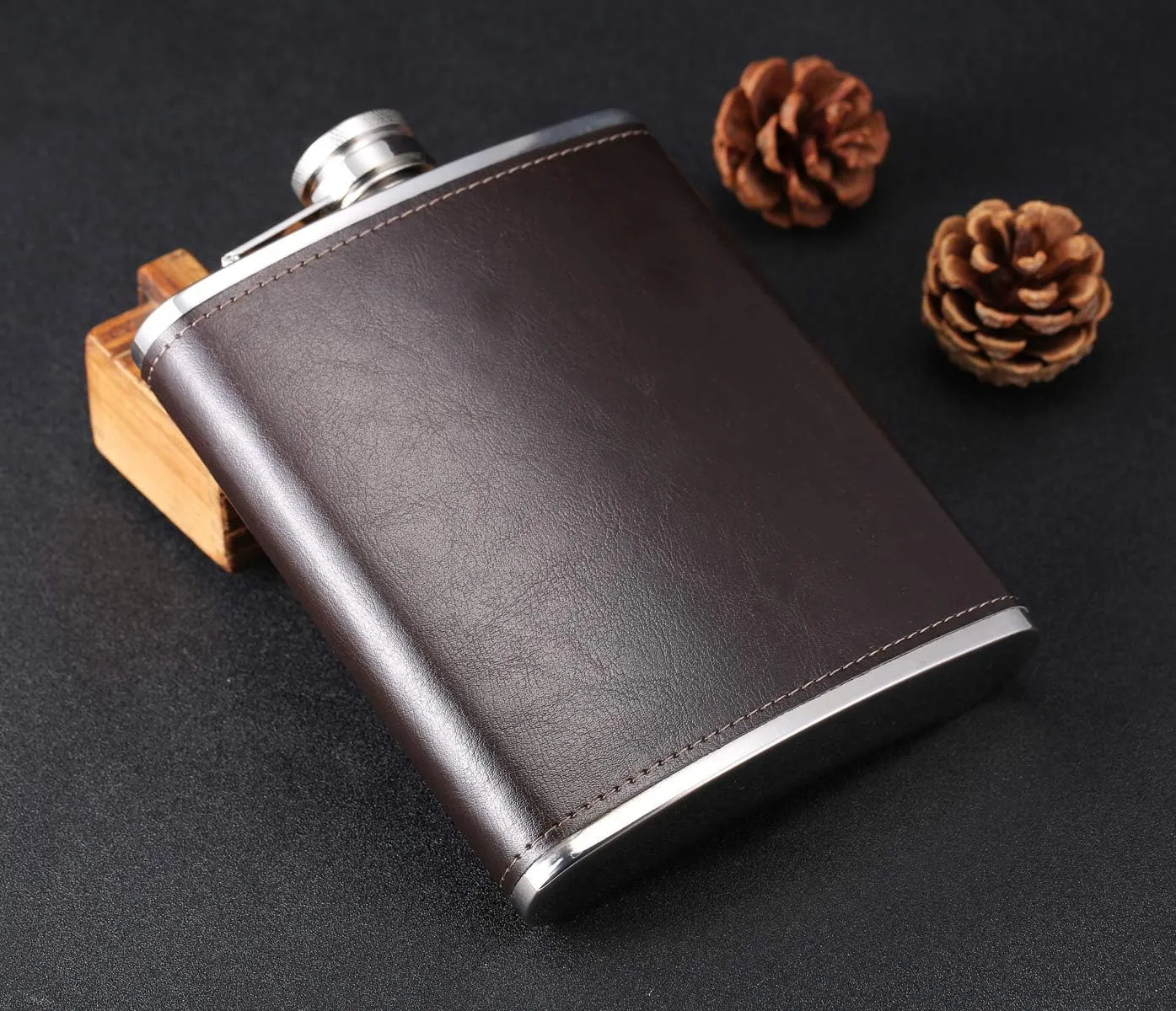 Stainless Steel Hip Flask, 18 oz, Coffee, Large Capacity, Leather Wrapped