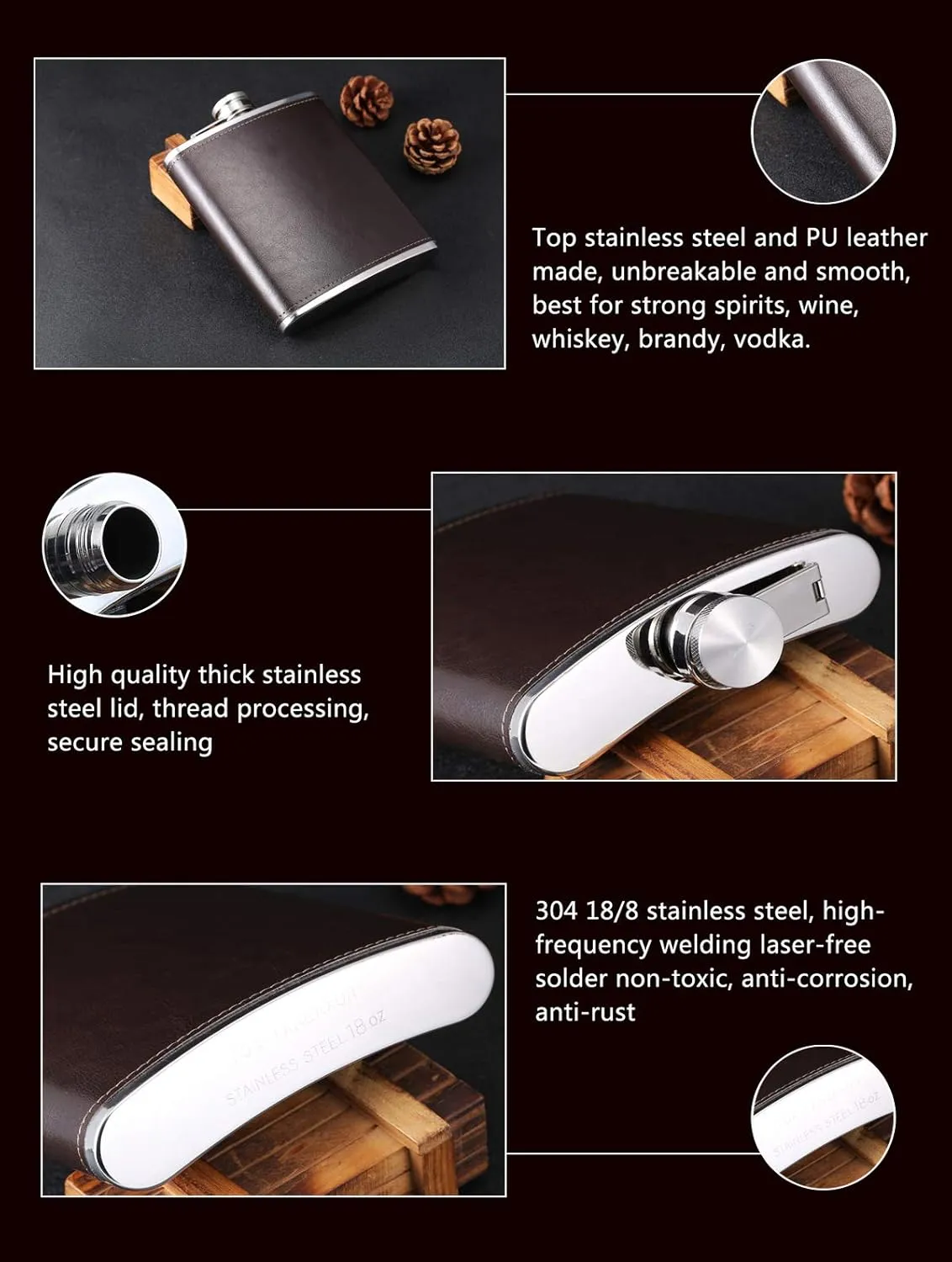 Stainless Steel Hip Flask, 18 oz, Coffee, Large Capacity, Leather Wrapped