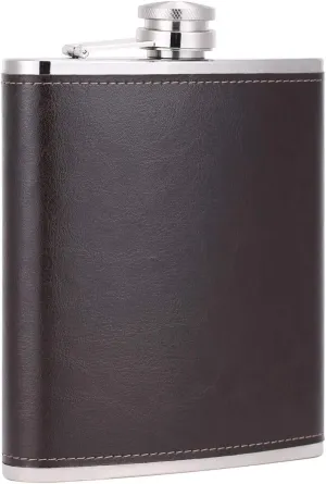 Stainless Steel Hip Flask, 18 oz, Coffee, Large Capacity, Leather Wrapped