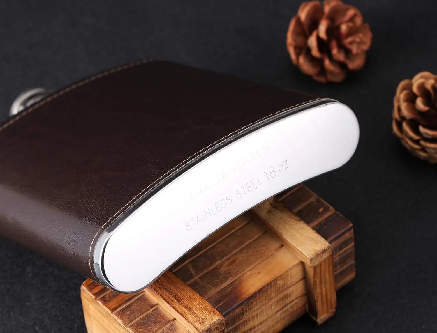 Stainless Steel Hip Flask, 18 oz, Coffee, Large Capacity, Leather Wrapped