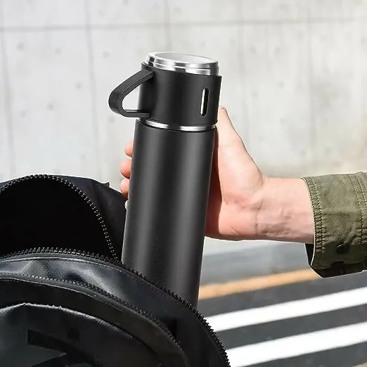 Stainless Steel Vacuum Flask Set with 3 Steel Cups