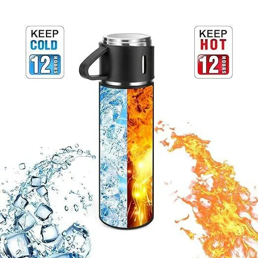 Stainless Steel Vacuum Flask Set with 3 Steel Cups