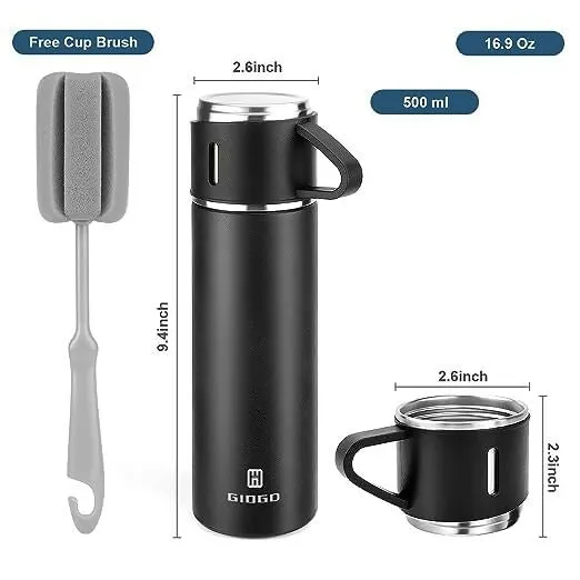 Stainless Steel Vacuum Flask Set with 3 Steel Cups