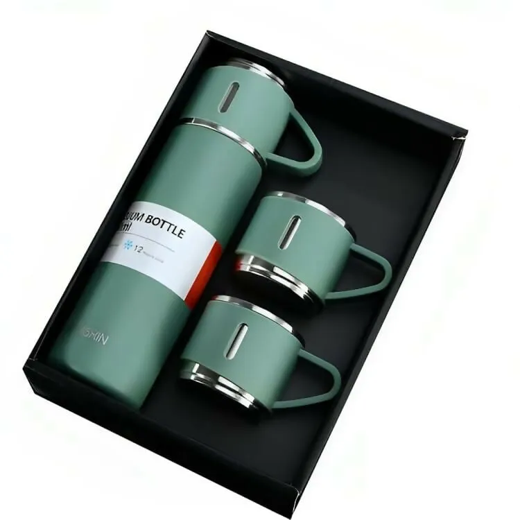 Stainless Steel Vacuum Flask with 2 Steel Cups & Gift Box (500ML,Green)