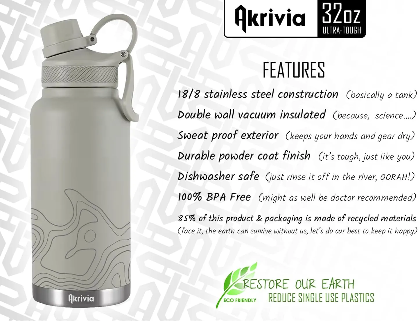 Stainless Steel Water Bottle - Ultra Tough 32oz / 1 Liter Vacuum Insulated Double Wall Flask, Metal Canteen, (Sandstone/Gray)