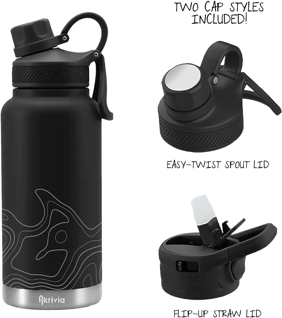 Stainless Steel Water Bottle - Ultra Tough 32oz / 1 Liter Vacuum Insulated Double Wall Flask, Metal Canteen, (Stealth Black/Gray)