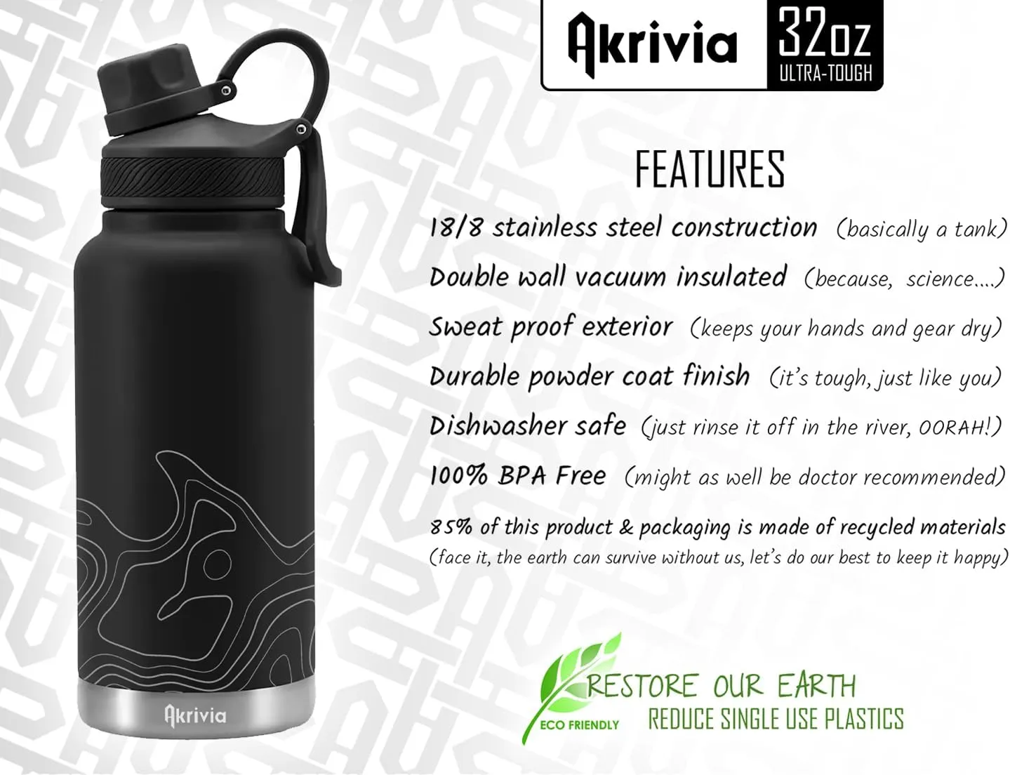Stainless Steel Water Bottle - Ultra Tough 32oz / 1 Liter Vacuum Insulated Double Wall Flask, Metal Canteen, (Stealth Black/Gray)