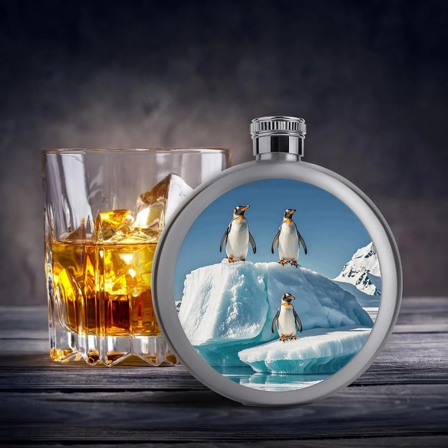 Stainless Steel Wine Bottle Liquor Container Penguins On The Iceberg Print Leak Proof Hip Flask Durable for Camping Hiking Travel Festivals