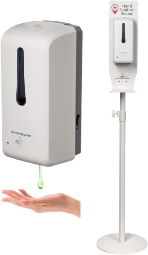 Standing Automatic Sanitizer Dispenser Movable Sanitizer Station with Height Adjustable Metal Stand and Refillable Canister Anti-Theft Design