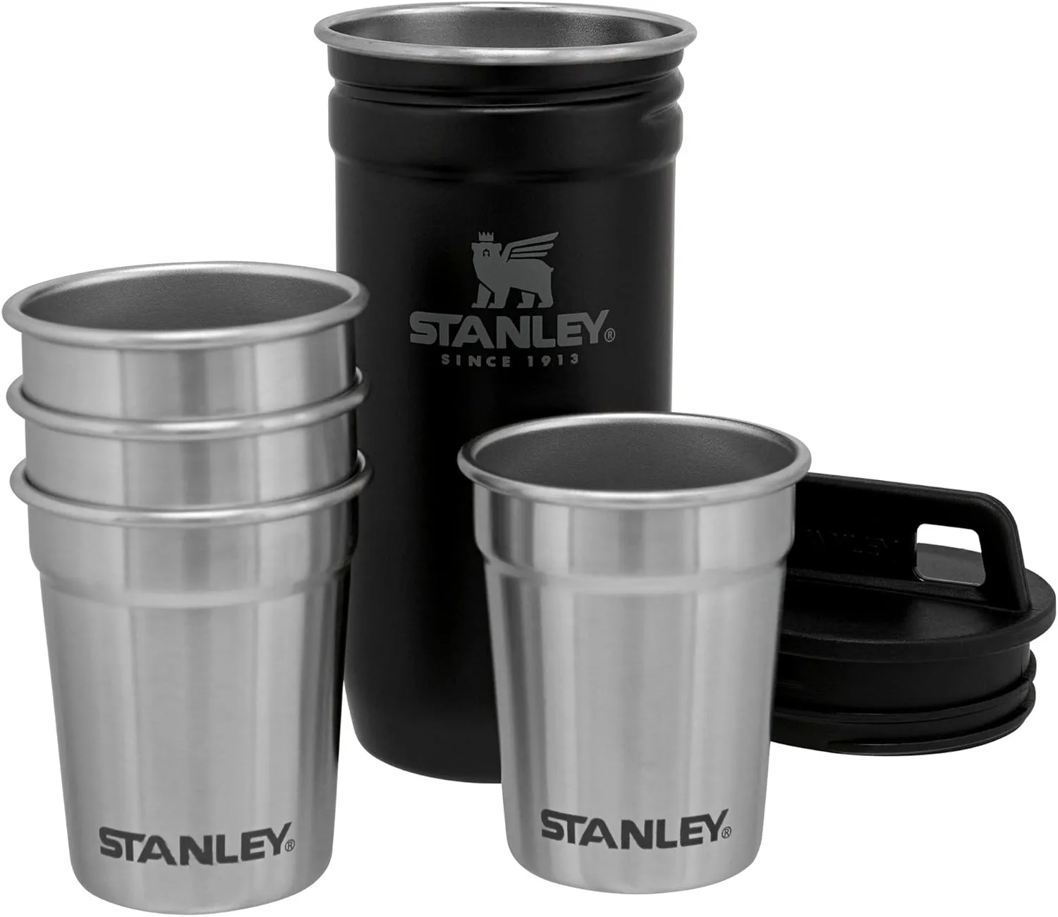 Stanley Adventure Pre-Party Flask and Nesting Shot Glass Set | 8 oz Leakproof Hip Flask | 4 Shot Glasses in Travel Carrying Case | Insulated Stainless Steel Liquor Flask | BPA-Free | Matte Black