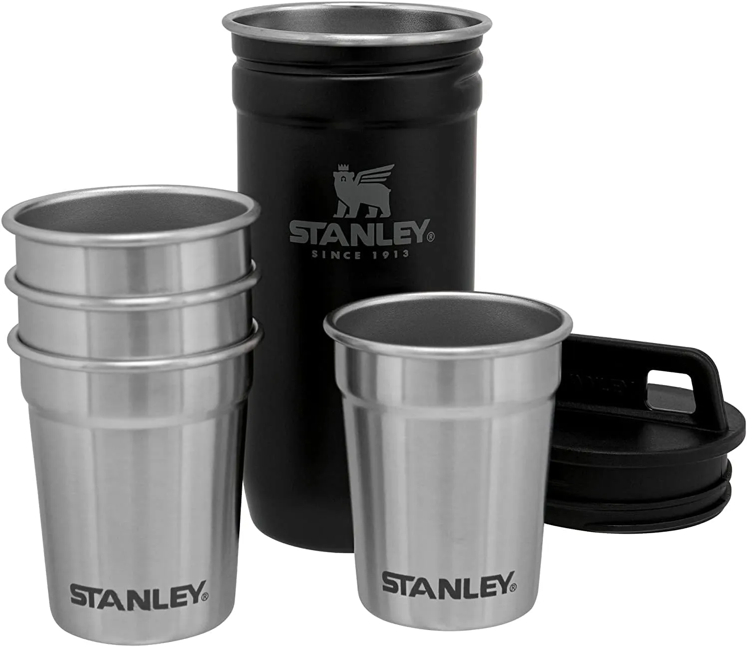 Stanley Adventure Pre-Party Flask and Nesting Shot Glass Set | 8 oz Leakproof Hip Flask | 4 Shot Glasses in Travel Carrying Case | Insulated Stainless Steel Liquor Flask | BPA-Free | Matte Black