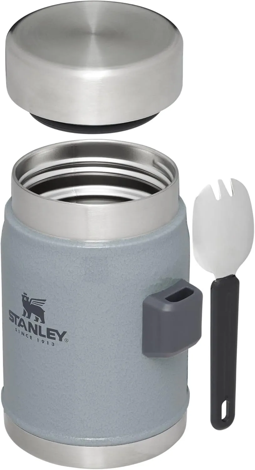 Stanley Classic Food Jar and Spork 14 oz | Vacuum Insulated Thermos Food Container | Wide Mouth Screw On Lid | Packable for Travel | Stainless Steel with Leakproof Lid | BPA-Free | Hammertone Silver