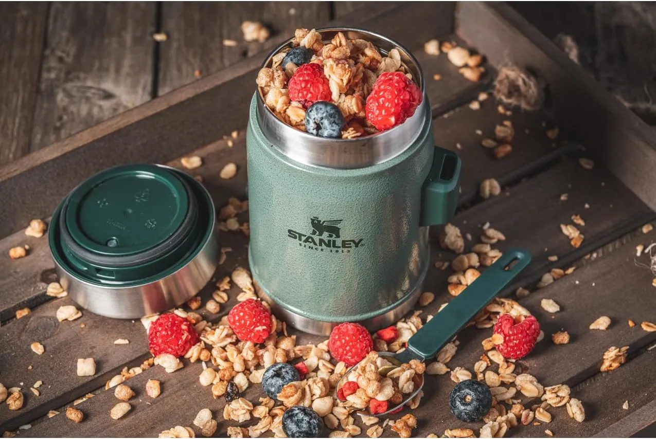 Stanley Classic Food Jar and Spork 14 oz | Vacuum Insulated Thermos Food Container | Wide Mouth Screw On Lid | Packable for Travel | Stainless Steel with Leakproof Lid | BPA-Free | Hammertone Silver