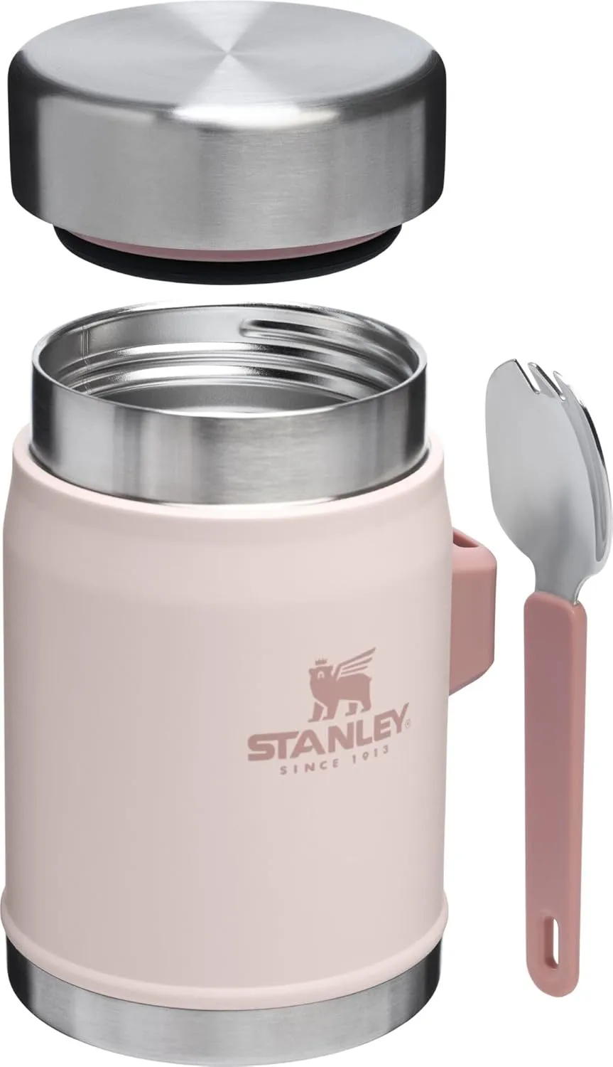 Stanley Classic Food Jar and Spork 14 oz | Vacuum Insulated Thermos Food Container | Wide Mouth Screw On Lid | Packable for Travel | Stainless Steel with Leakproof Lid | BPA-Free | Rose Quartz