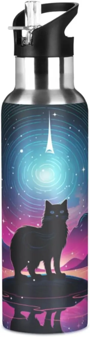 Starlight Cat Art Sport Water Bottle Insulated Stainless Steel Large Vacuum Flask Leak Proof Thermos with Straw for Travel(600ml/1000ml)