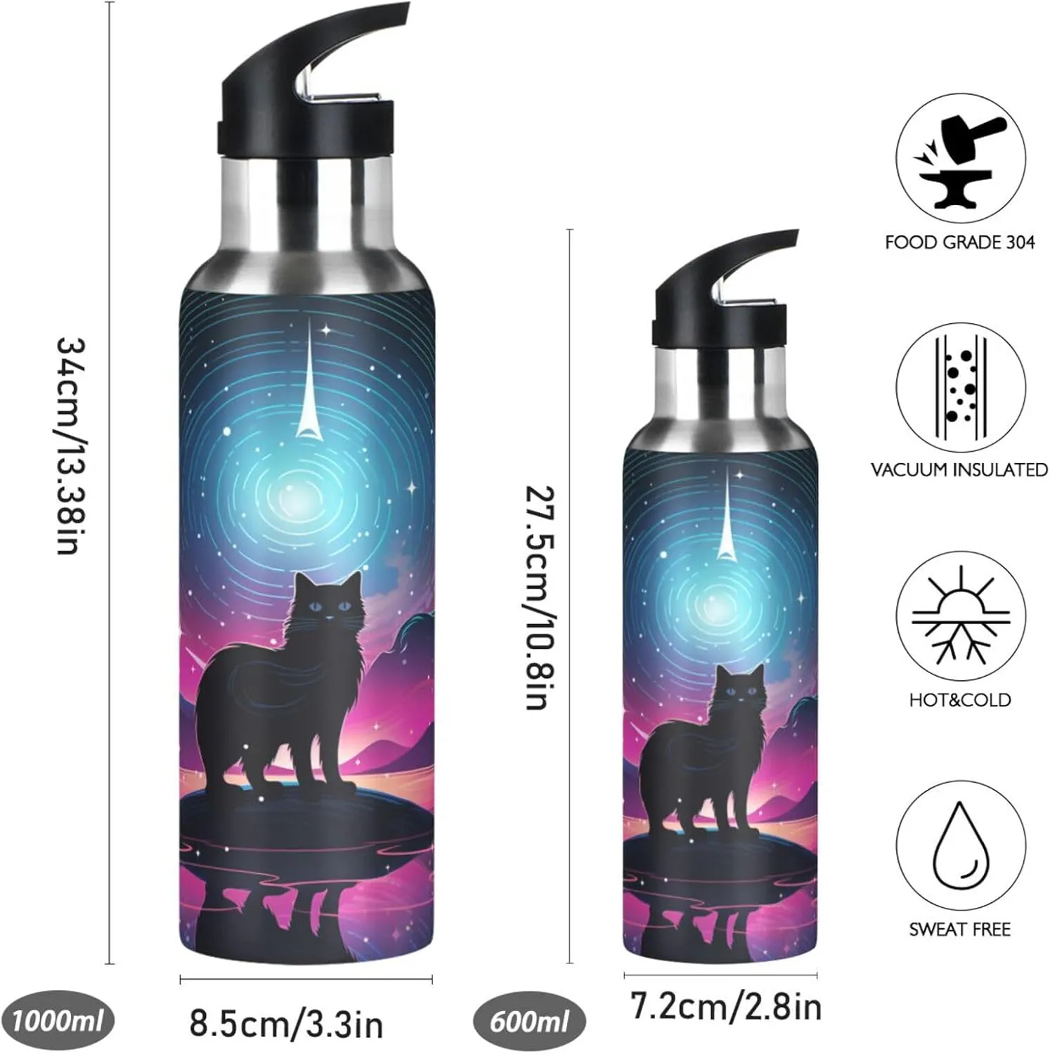 Starlight Cat Art Sport Water Bottle Insulated Stainless Steel Large Vacuum Flask Leak Proof Thermos with Straw for Travel(600ml/1000ml)