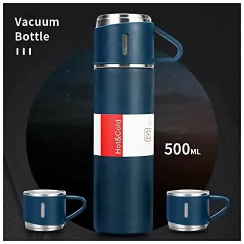 Steel Vacuum Flask Set with 3 Steel Cups Combo (MultiColors, 500ml)