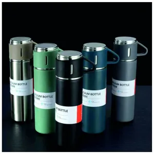 Steel Vacuum Flask Set with 3 Steel Cups Combo (MultiColors, 500ml)