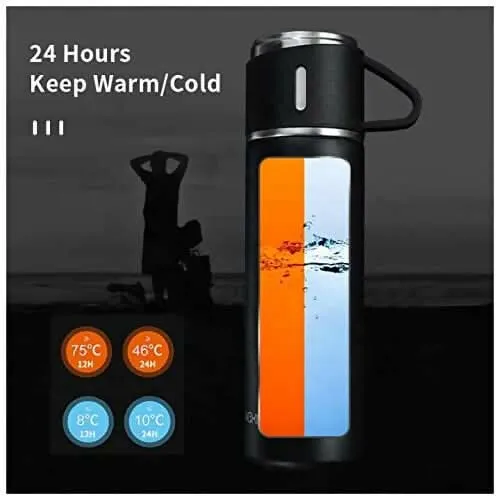 Steel Vacuum Flask Set with 3 Steel Cups Combo (MultiColors, 500ml)