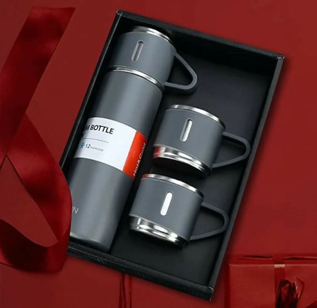 Steel Vacuum Flask Set with 3 Steel Cups Combo (MultiColors, 500ml)
