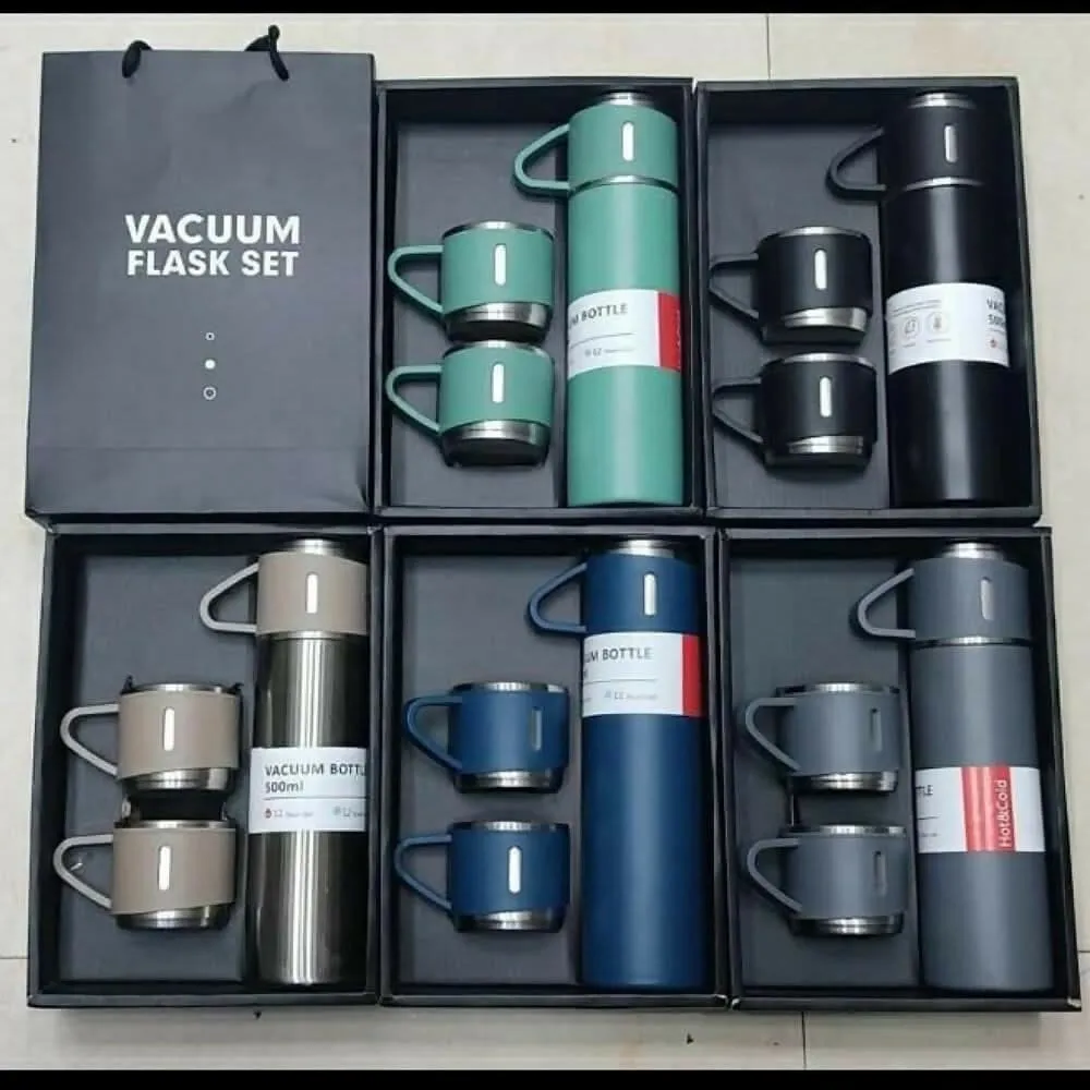 Steel Vacuum Flask Set with 3 Steel Cups Combo (MultiColors, 500ml)