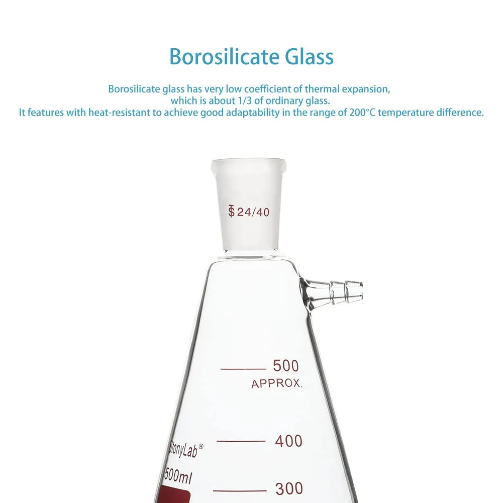 stonylab Filtering Flask with 24/40 Standard Taper Outer Joint, Heavy Wall Borosilicate Glass Filter Flask, Bolt Neck with Tubulation, 500 ml