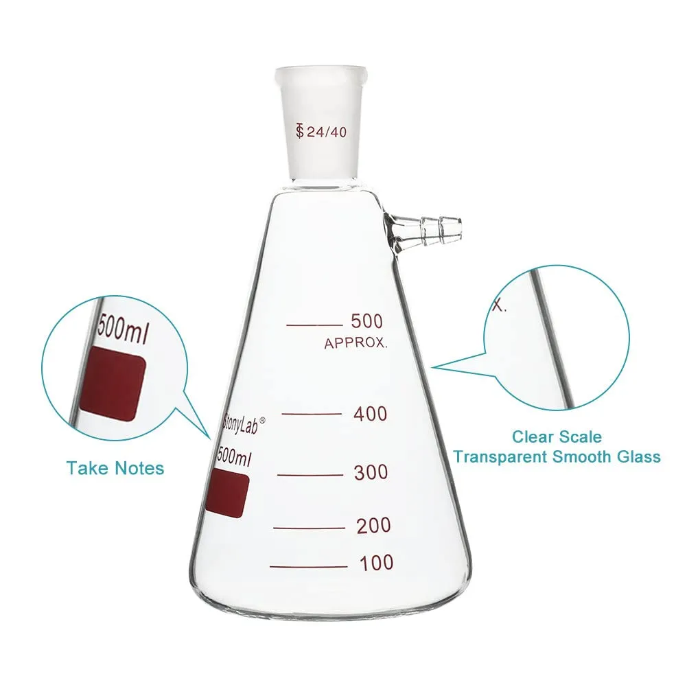 stonylab Filtering Flask with 24/40 Standard Taper Outer Joint, Heavy Wall Borosilicate Glass Filter Flask, Bolt Neck with Tubulation, 500 ml