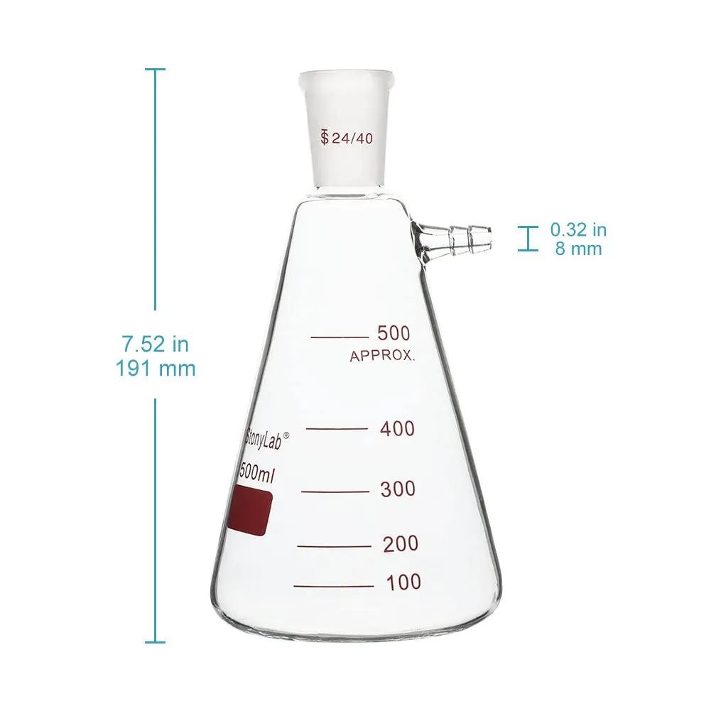 stonylab Filtering Flask with 24/40 Standard Taper Outer Joint, Heavy Wall Borosilicate Glass Filter Flask, Bolt Neck with Tubulation, 500 ml
