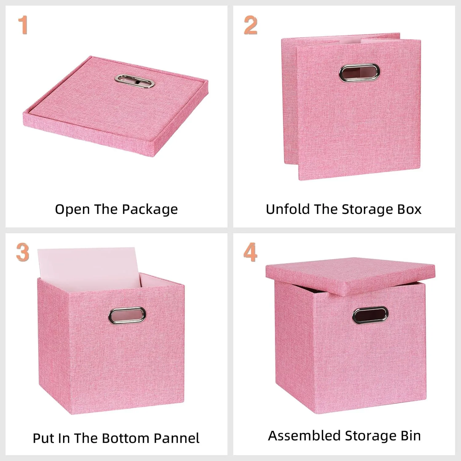 Storage Bins with Lids, Collapsible Linen Fabric Boxes Organizer Containers with Lid Foldable Storage Box Basket for Closet, Shelves, Home, Office, 12 x 12 x 12 Inch, 4 Pack, Pink