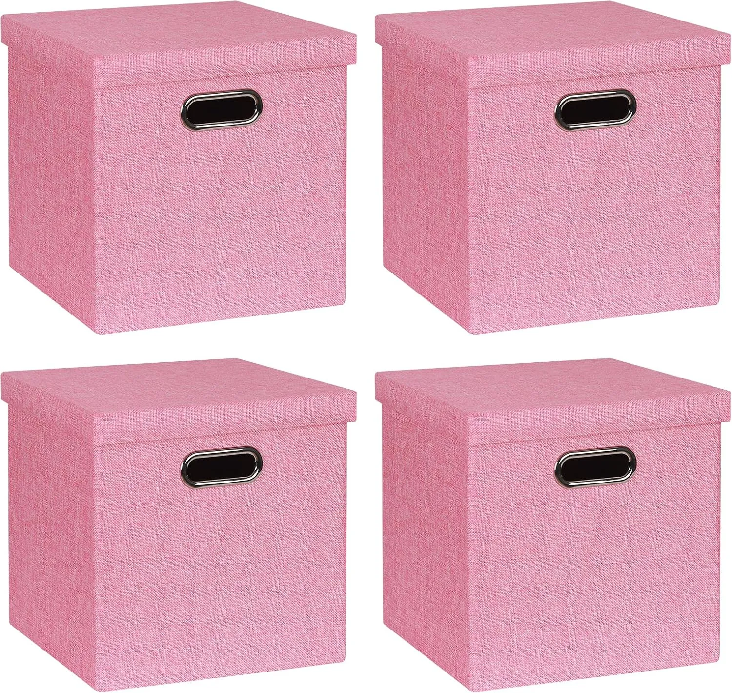 Storage Bins with Lids, Collapsible Linen Fabric Boxes Organizer Containers with Lid Foldable Storage Box Basket for Closet, Shelves, Home, Office, 12 x 12 x 12 Inch, 4 Pack, Pink