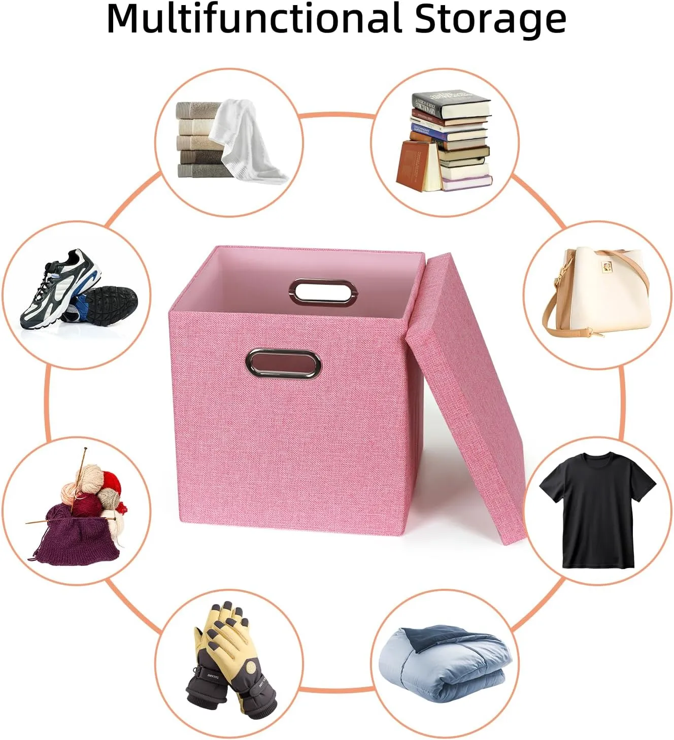 Storage Bins with Lids, Collapsible Linen Fabric Boxes Organizer Containers with Lid Foldable Storage Box Basket for Closet, Shelves, Home, Office, 12 x 12 x 12 Inch, 4 Pack, Pink