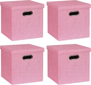 Storage Bins with Lids, Collapsible Linen Fabric Boxes Organizer Containers with Lid Foldable Storage Box Basket for Closet, Shelves, Home, Office, 12 x 12 x 12 Inch, 4 Pack, Pink
