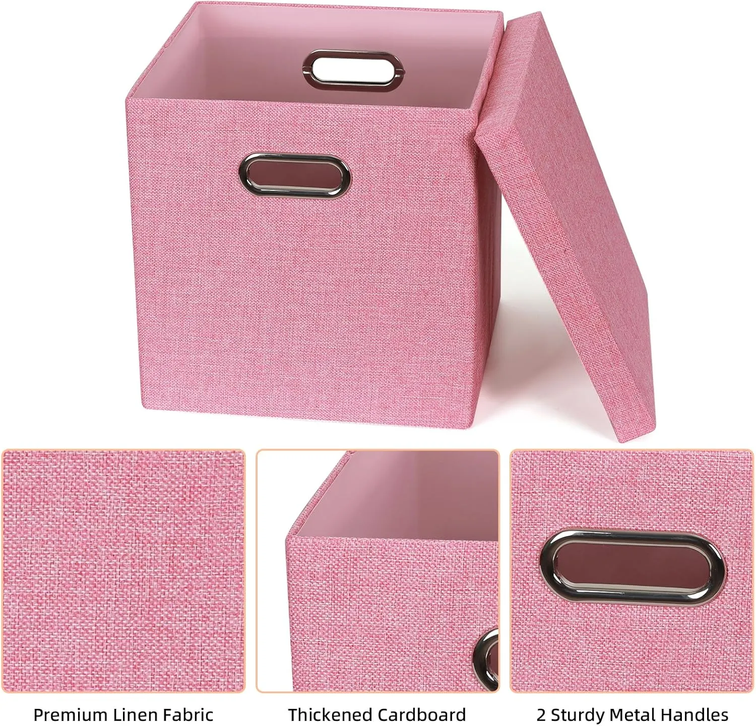Storage Bins with Lids, Collapsible Linen Fabric Boxes Organizer Containers with Lid Foldable Storage Box Basket for Closet, Shelves, Home, Office, 12 x 12 x 12 Inch, 4 Pack, Pink