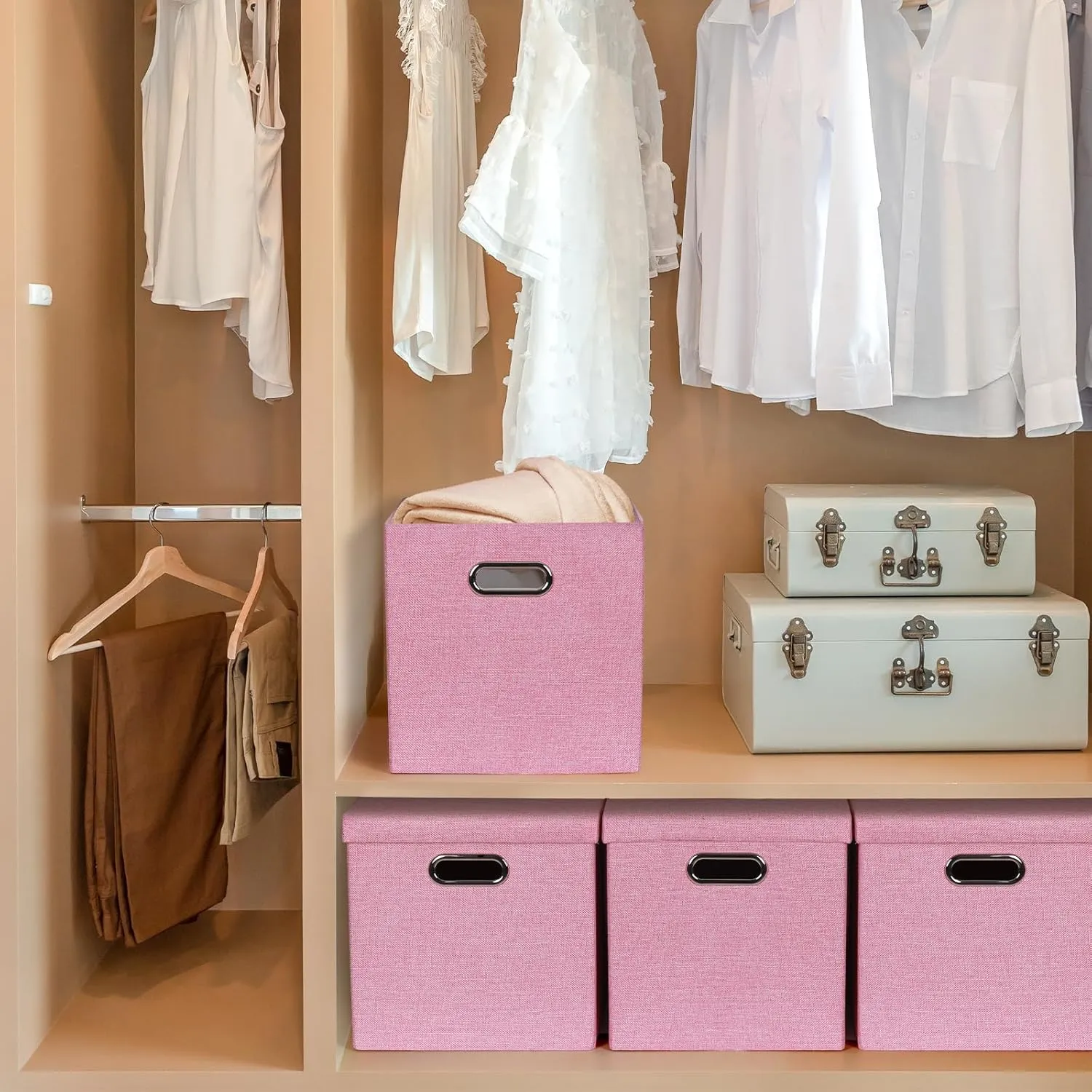 Storage Bins with Lids, Collapsible Linen Fabric Boxes Organizer Containers with Lid Foldable Storage Box Basket for Closet, Shelves, Home, Office, 12 x 12 x 12 Inch, 4 Pack, Pink
