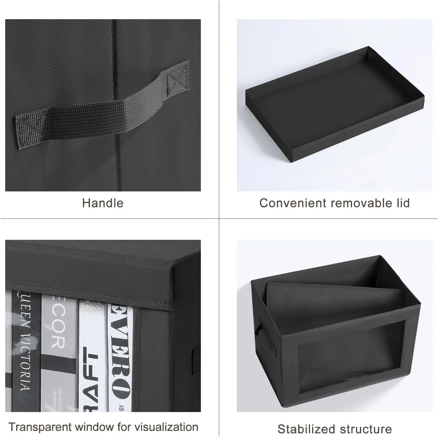 Storage Boxes with Lids - 5 Pack Foldable Clear Window Storage Bins, Large Decorative Storage Bins with Handles, Storage Containers for Clothes, Towel, Blanket, Sheet, Black