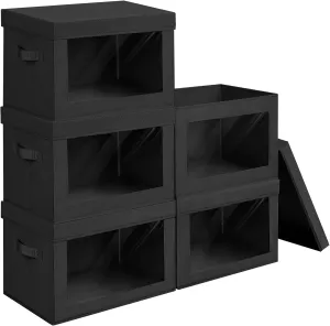 Storage Boxes with Lids - 5 Pack Foldable Clear Window Storage Bins, Large Decorative Storage Bins with Handles, Storage Containers for Clothes, Towel, Blanket, Sheet, Black
