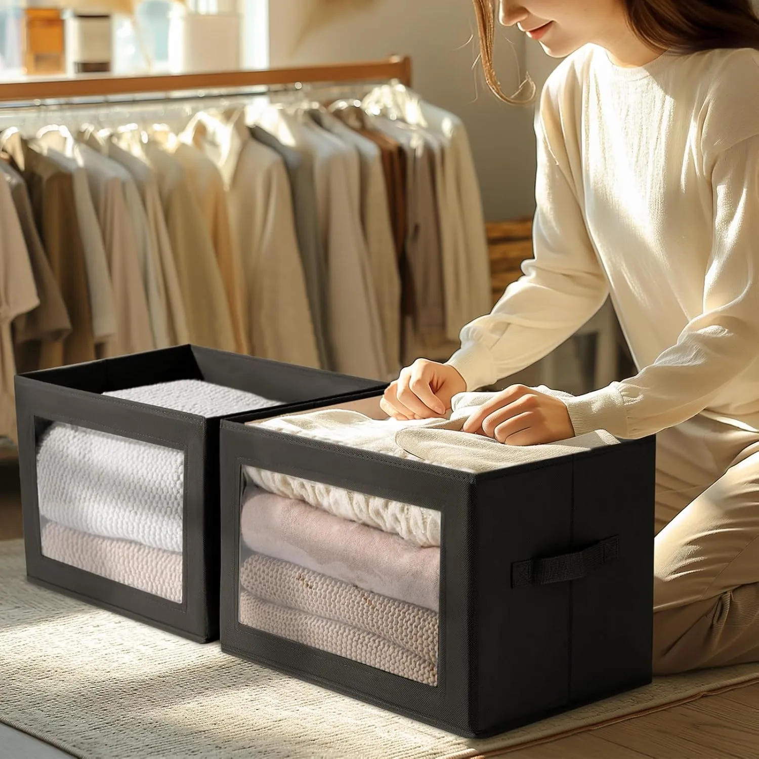 Storage Boxes with Lids - 5 Pack Foldable Clear Window Storage Bins, Large Decorative Storage Bins with Handles, Storage Containers for Clothes, Towel, Blanket, Sheet, Black