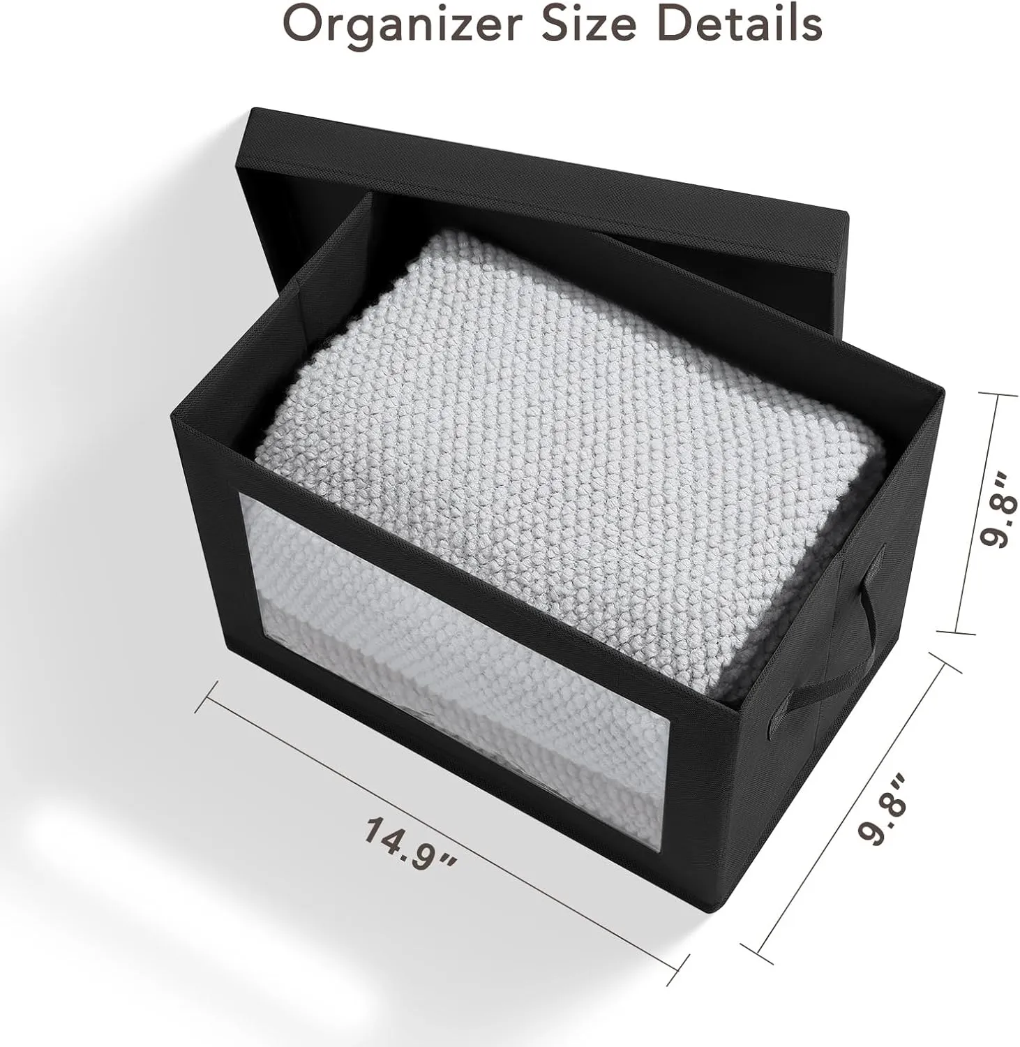 Storage Boxes with Lids - 5 Pack Foldable Clear Window Storage Bins, Large Decorative Storage Bins with Handles, Storage Containers for Clothes, Towel, Blanket, Sheet, Black