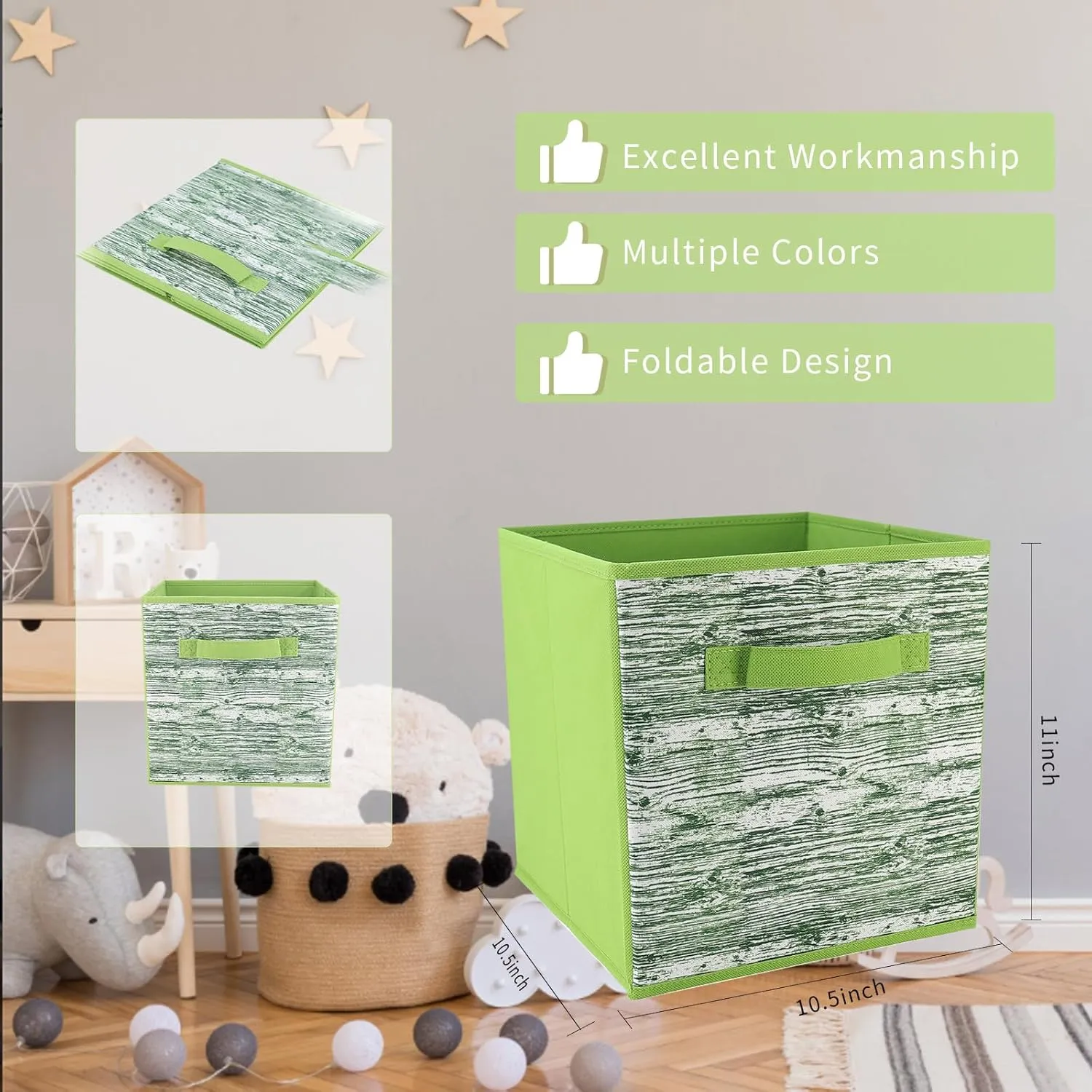 Storage Cubes, 11-inch Cube Storage Bin, 6 Sets Foldable Fabric Storage Cubes With Handles, Cube Storage Organizer, Storage Cube Bins for Toys, Clothes and Books (Matcha Green)