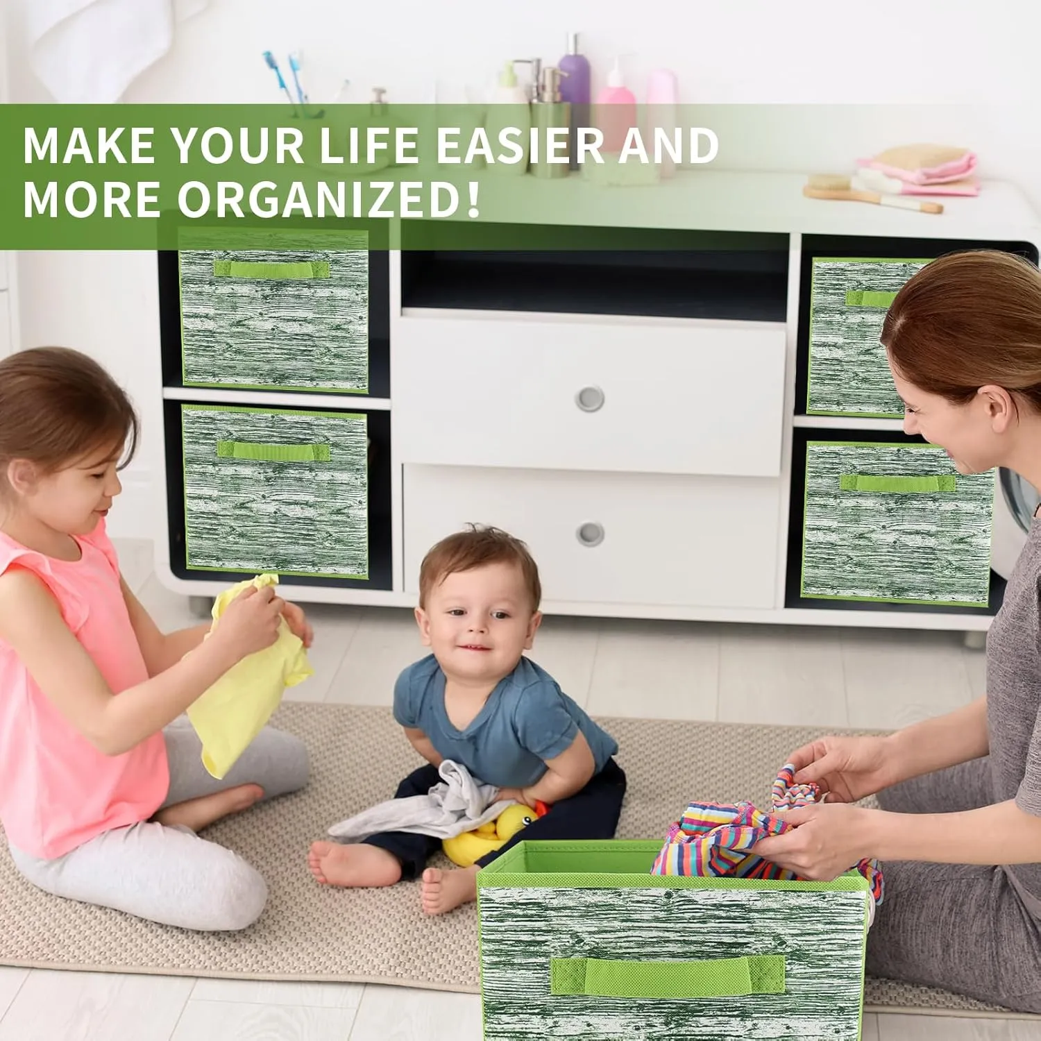 Storage Cubes, 11-inch Cube Storage Bin, 6 Sets Foldable Fabric Storage Cubes With Handles, Cube Storage Organizer, Storage Cube Bins for Toys, Clothes and Books (Matcha Green)
