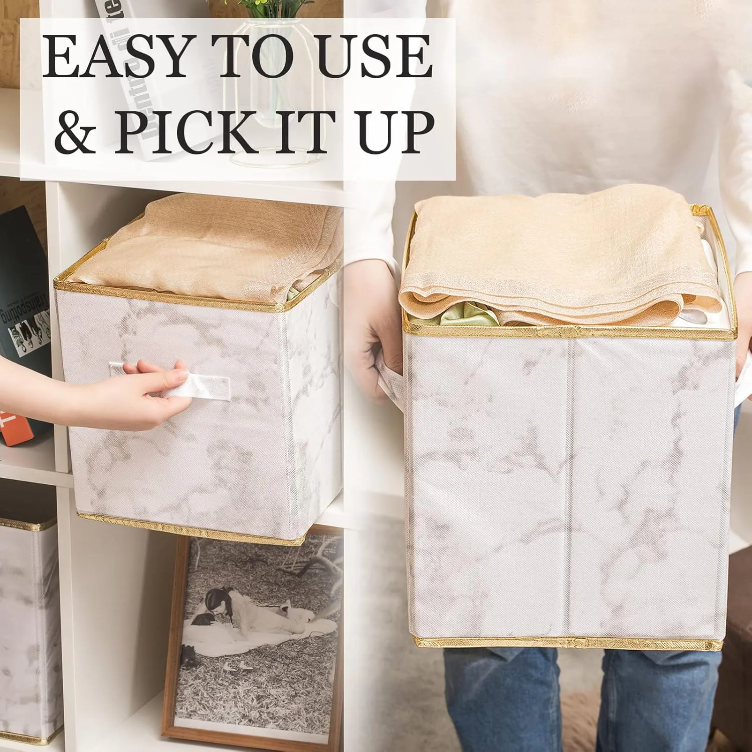 Storage Cubes Organizer Bins - 11 inch Foldable Bins, Fabric Dual Handles Box, Closet Shelf Baskets, Nursery for Home&Office 6-Pack (Marble)