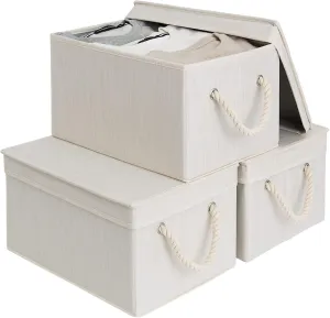 StorageWorks Storage Bins with Lid, Decorative Boxes with Soft Rope Handles, Foldable Basket, Mixing of Beige, White & Ivory, Large, 3-Pack,